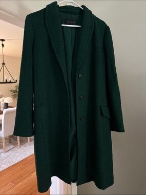 Ann Taylor Dark Green Bouclé Long Coat with Shawl Collar